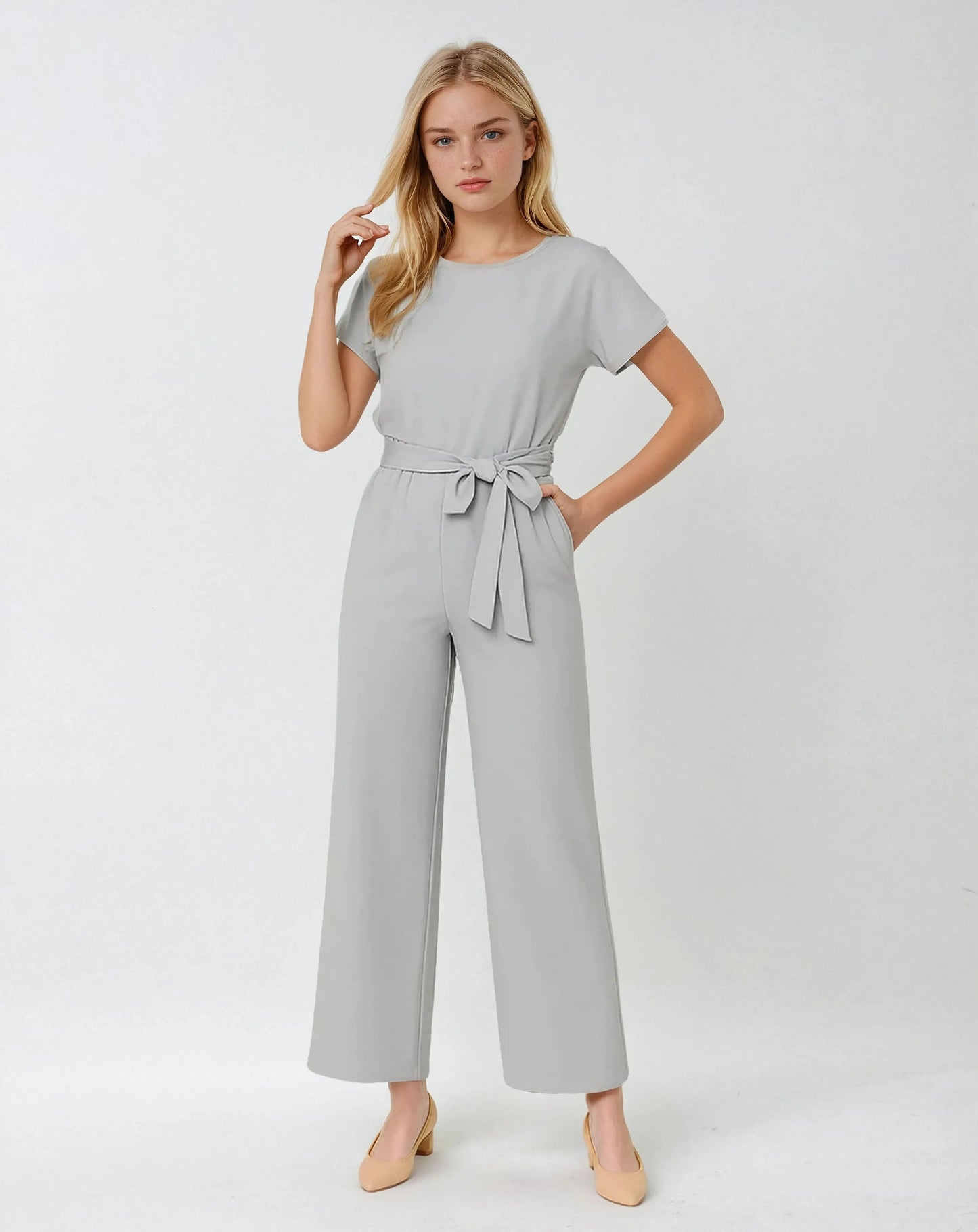 Jumpsuit Polyester Ronde Hals Met Tailleaccent – Pearlin