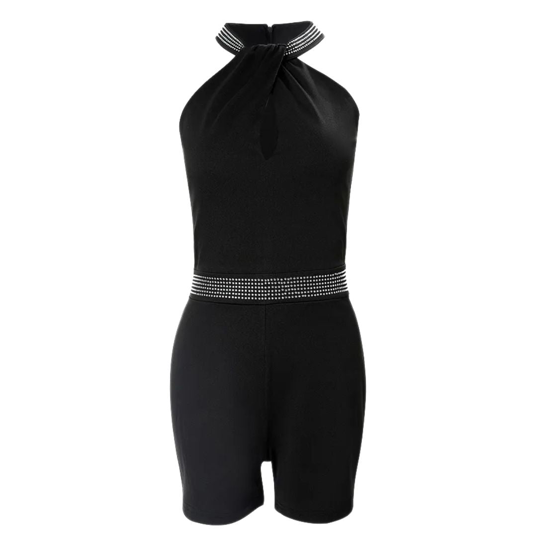 Stijlvolle halternek jumpsuit zonder mouwen korte broek glitter band - Helenia