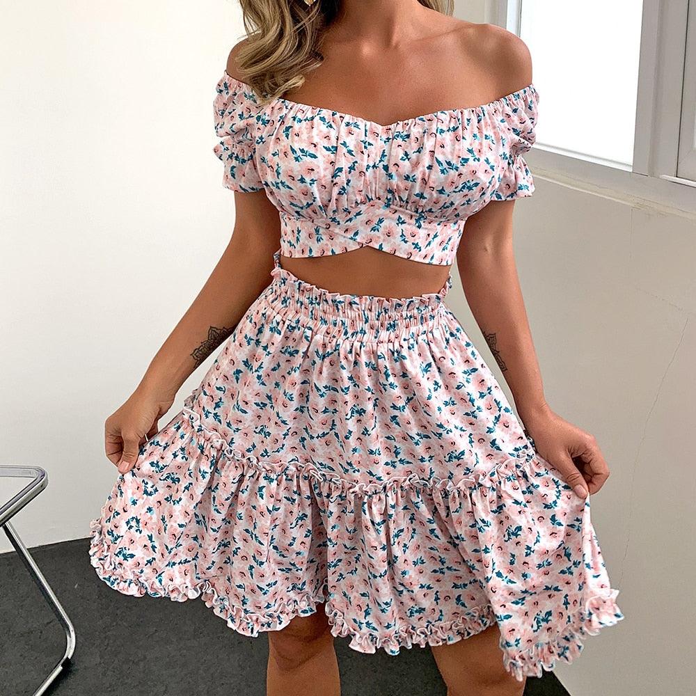 tweedelige set bloemenprint top en rokje - Evalien