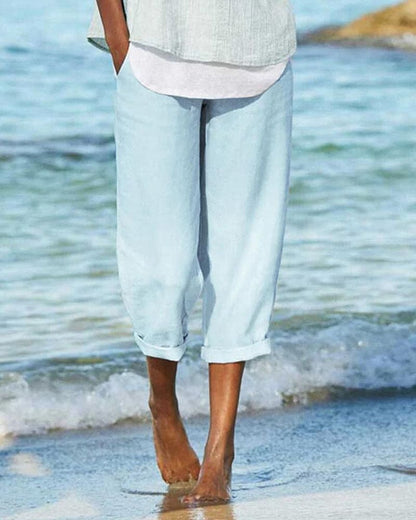 Linnen Cropped Broek Lichtgewicht Losse Pasvorm – Lolitta