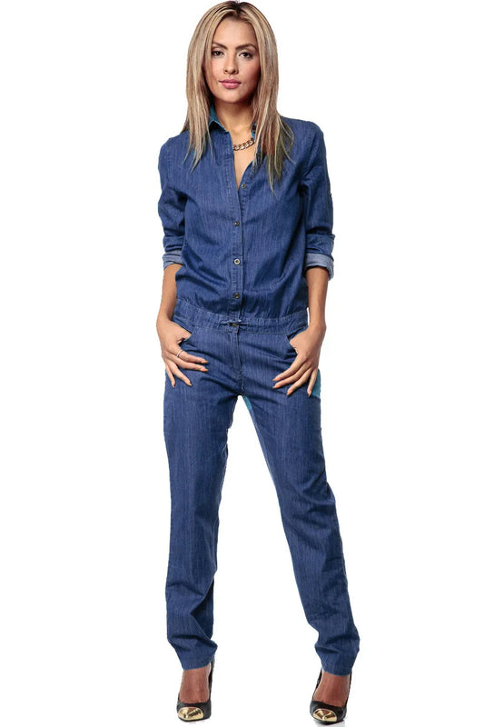 Denim vintage jumpsuit blouse knoopsluiting lange mouw dames - Linnebel