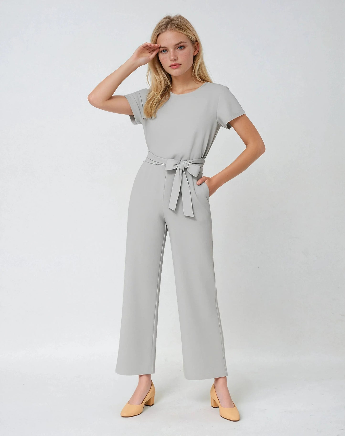 Jumpsuit Polyester Ronde Hals Met Tailleaccent – Pearlin