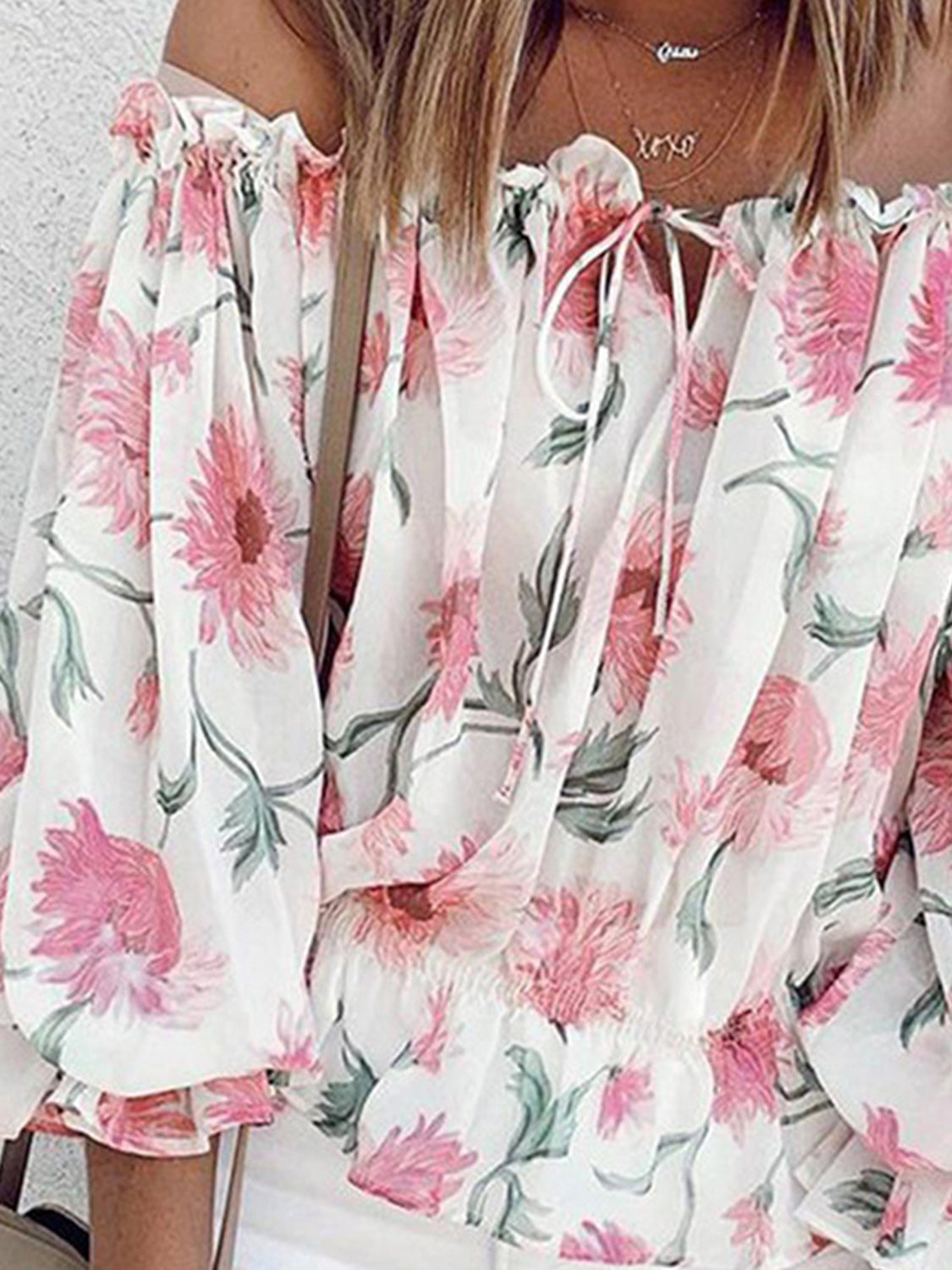 off-shoulder blouse bloemen geplooide mouwen wit getint - Juliana