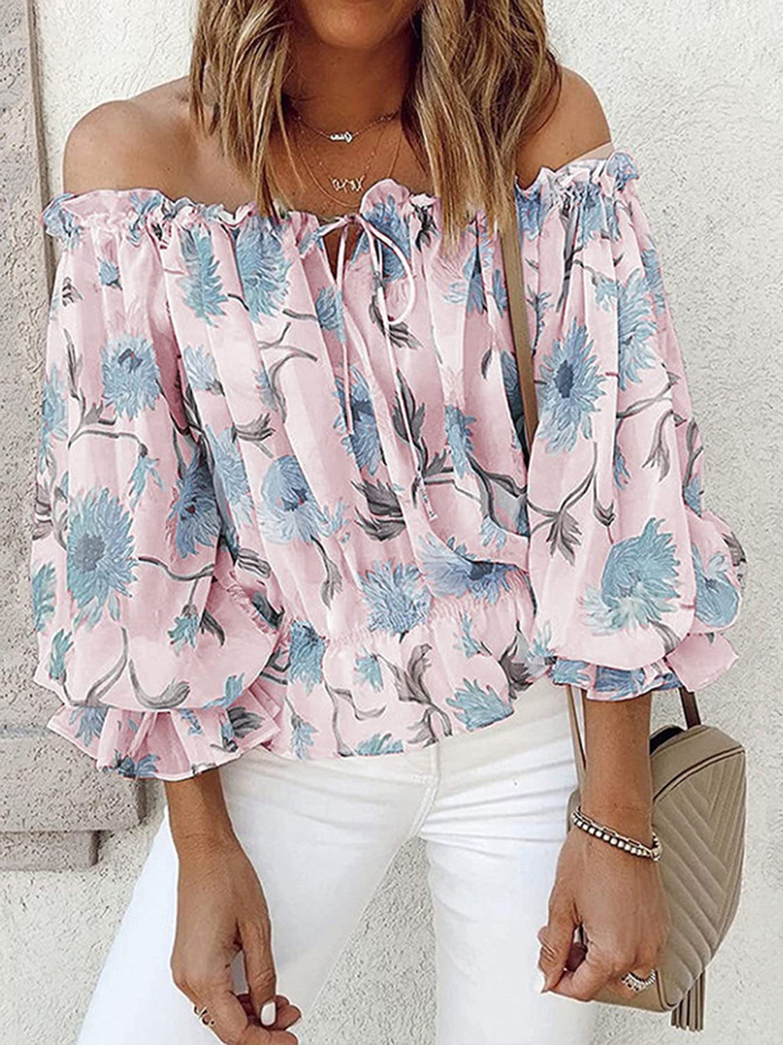 off-shoulder blouse bloemen geplooide mouwen wit getint - Juliana