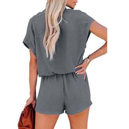 Casual korte broek losse v-hals jumpsuit effen kleur zomer - Isa