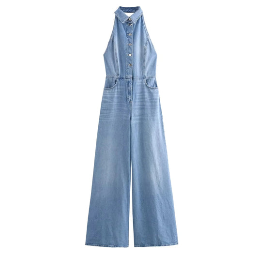 Halter denim jumpsuit mouwloos knoopsluiting hoge taille broek dames - Yvonne