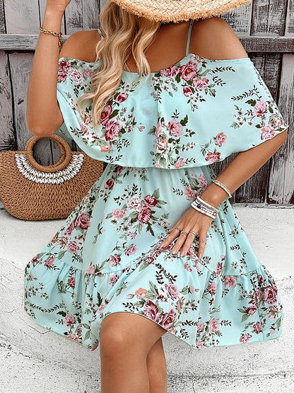 Zomer mini-jurk bloemen off- shoulder spaghettibandjes - Poppy