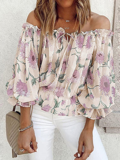 off-shoulder blouse bloemen geplooide mouwen wit getint - Juliana