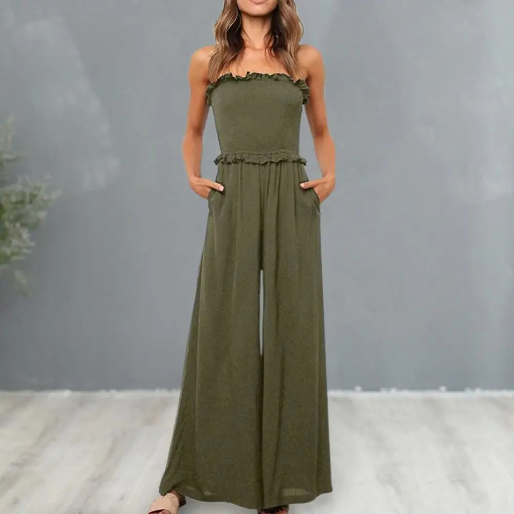 Chique off-shoulder jumpsuit wijde broek effen - Misuni