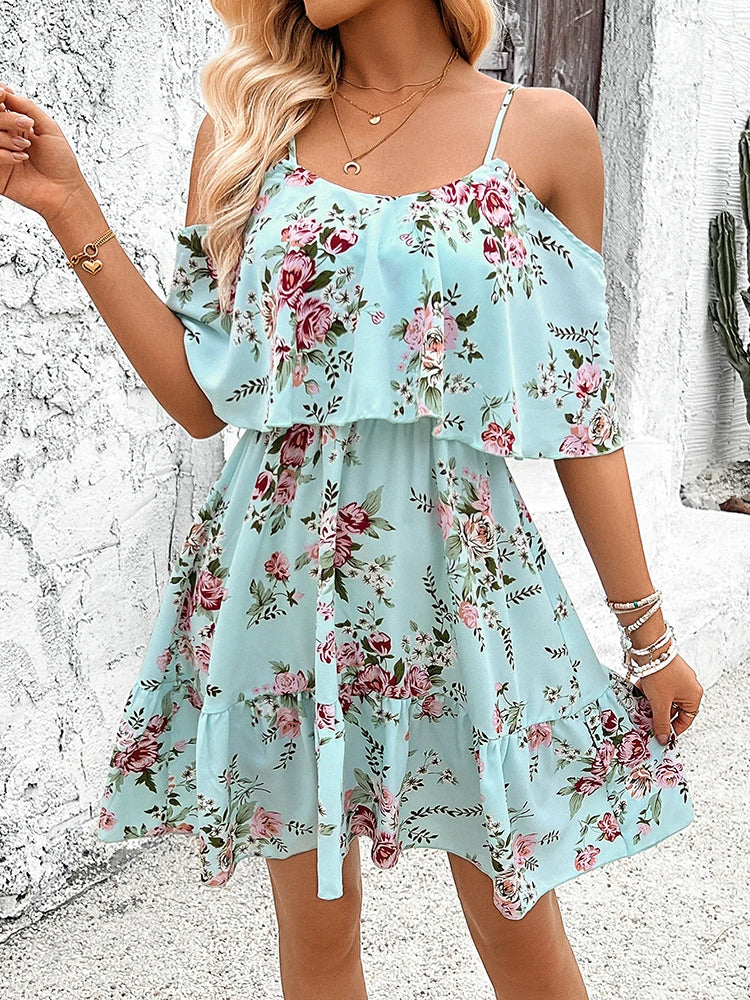 Zomer mini-jurk bloemen off- shoulder spaghettibandjes - Poppy