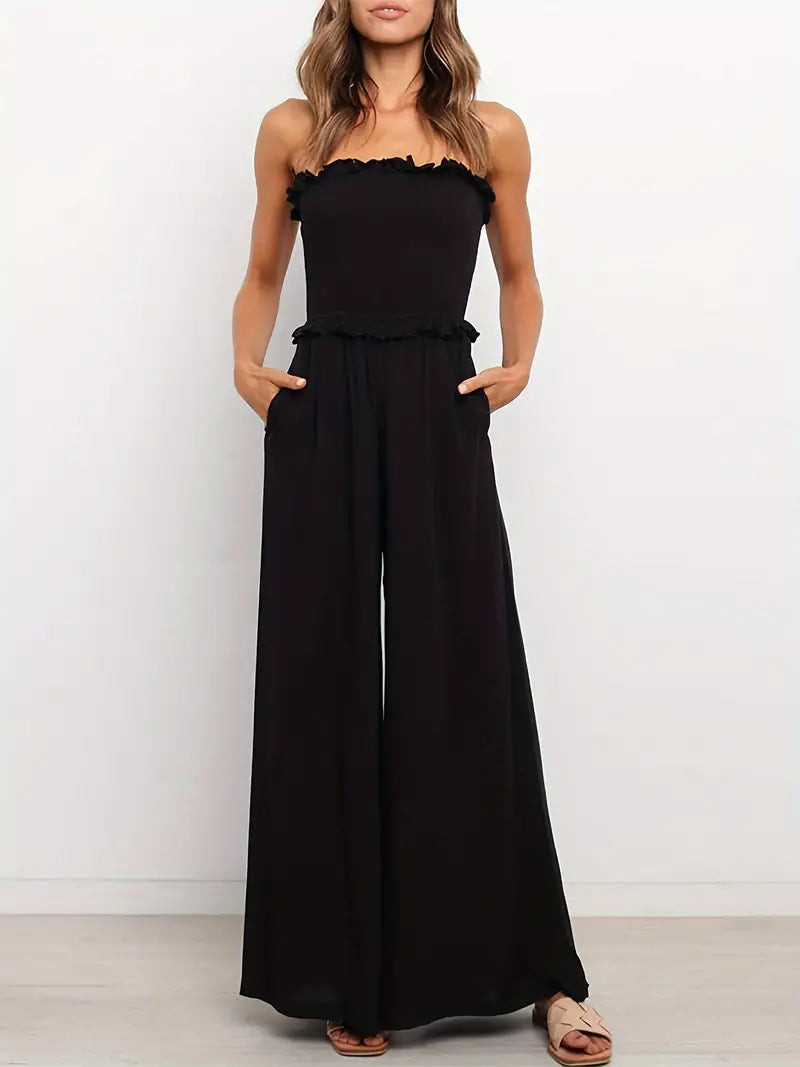 Chique off-shoulder jumpsuit wijde broek effen - Misuni