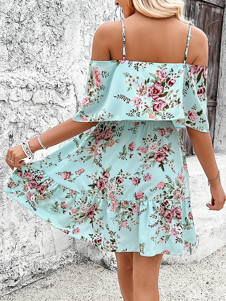 Zomer mini-jurk bloemen off- shoulder spaghettibandjes - Poppy