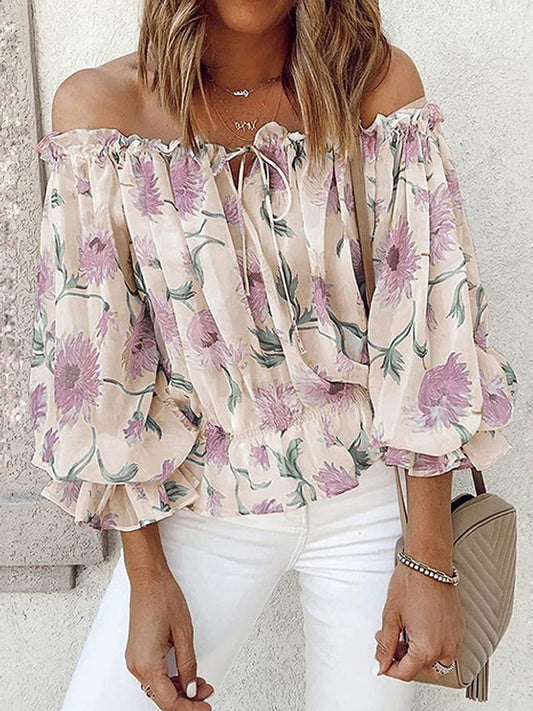 off-shoulder blouse bloemen geplooide mouwen wit getint - Juliana