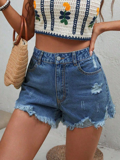 Denim Shorts Distressed Ruwe Zoom – Mona