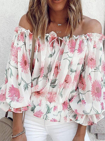 off-shoulder blouse bloemen geplooide mouwen wit getint - Juliana