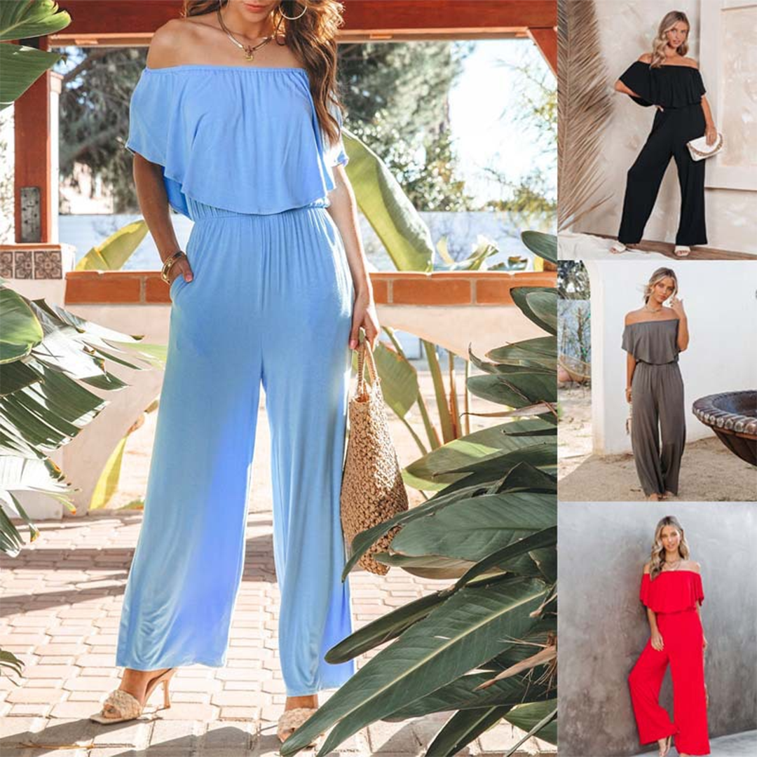 Off-shoulder korte mouwen jumpsuit geplooide top effen kleur - Lin