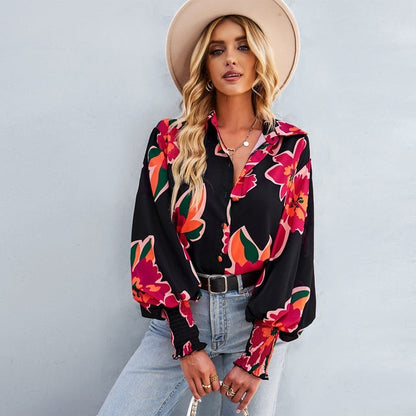 Casual oversized blouse abstracte print knoopsluiting lange mouwen - Mary