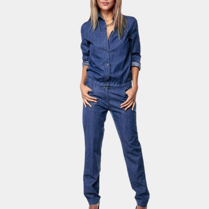 Denim vintage jumpsuit blouse knoopsluiting lange mouw dames - Linnebel