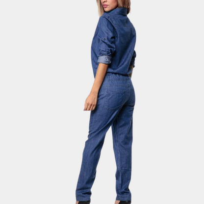 Denim vintage jumpsuit blouse knoopsluiting lange mouw dames - Linnebel