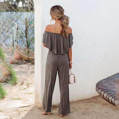 Off-shoulder korte mouwen jumpsuit geplooide top effen kleur - Lin