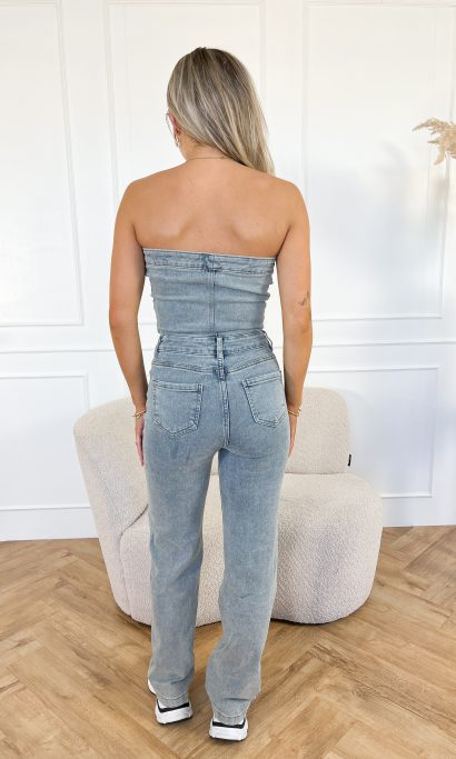 stijlvolle denim off-shoulder jumpsuit lange broek mouwloos - Cecillia