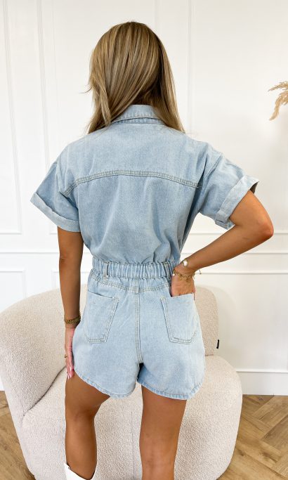 korte denim jumpsuit korte broek knopen blouse - Floortje