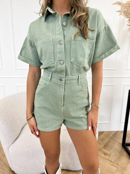 korte denim jumpsuit korte broek knopen blouse - Floortje