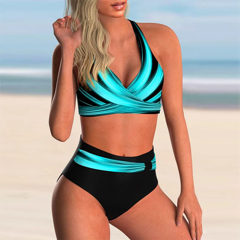 Bikini Set Kleurblok Hoog Taille Trendy – Petronella