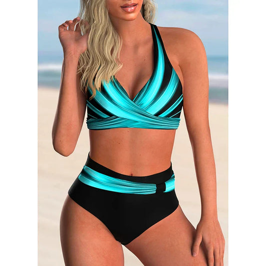 Bikini Set Kleurblok Hoog Taille Trendy – Petronella