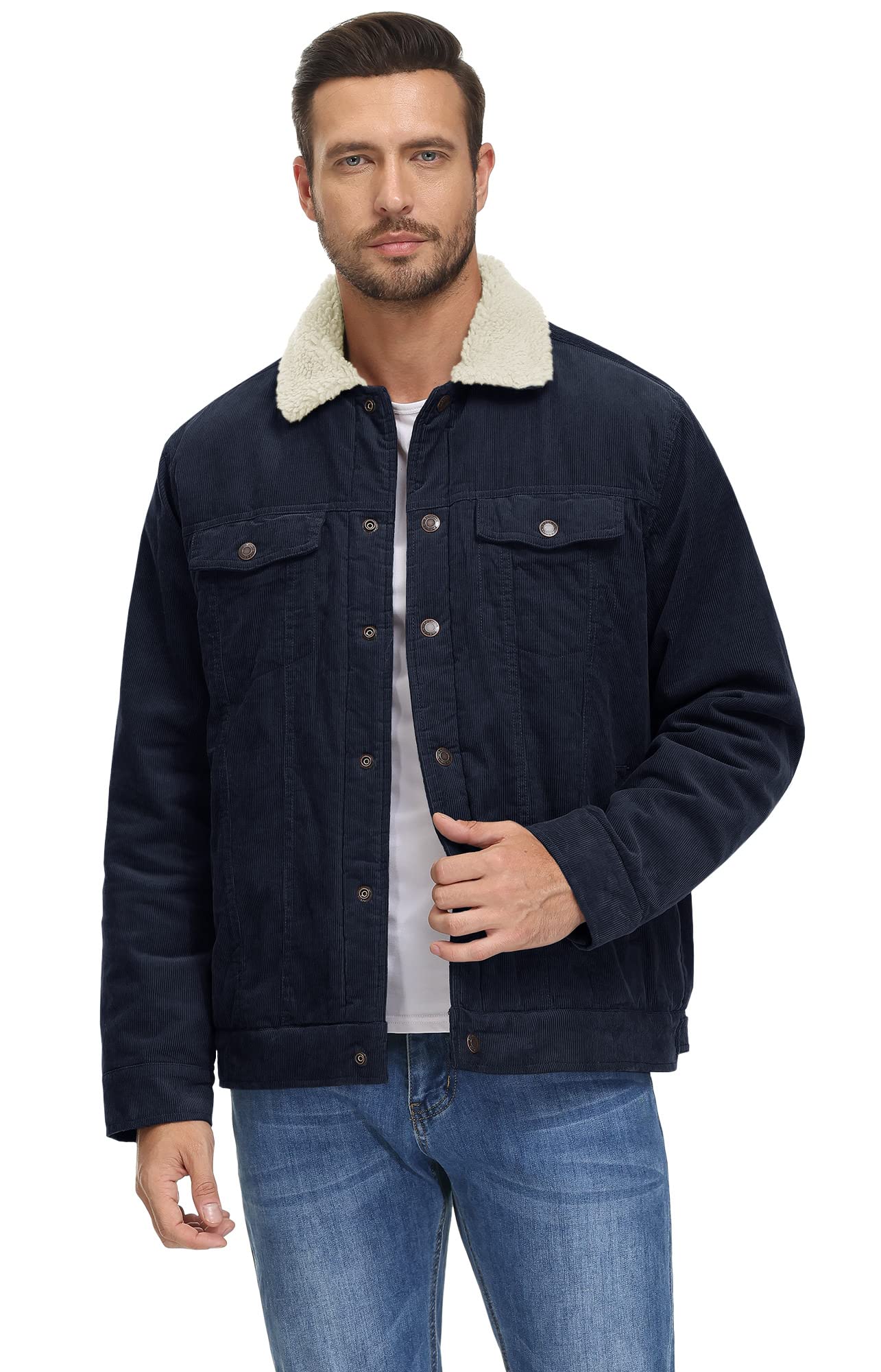 Heren corduroy jacket fleece gevoerd met bontkraag slim fit - Jackson