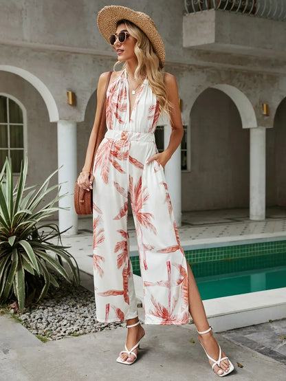 Elegante bloemenprint v-hals halter backless mouwloos wijde pijpen jumpsuit zomer - Shirley