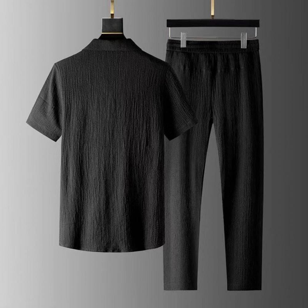 Heren set loose-fit t-shirt ingekeepte hals in effen kleuren en broek met koordje taille - Rupert