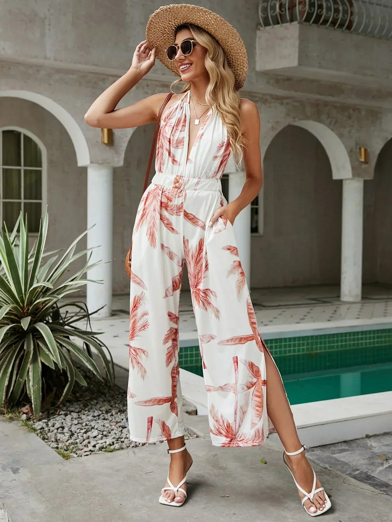 Elegante bloemenprint v-hals halter backless mouwloos wijde pijpen jumpsuit zomer - Shirley