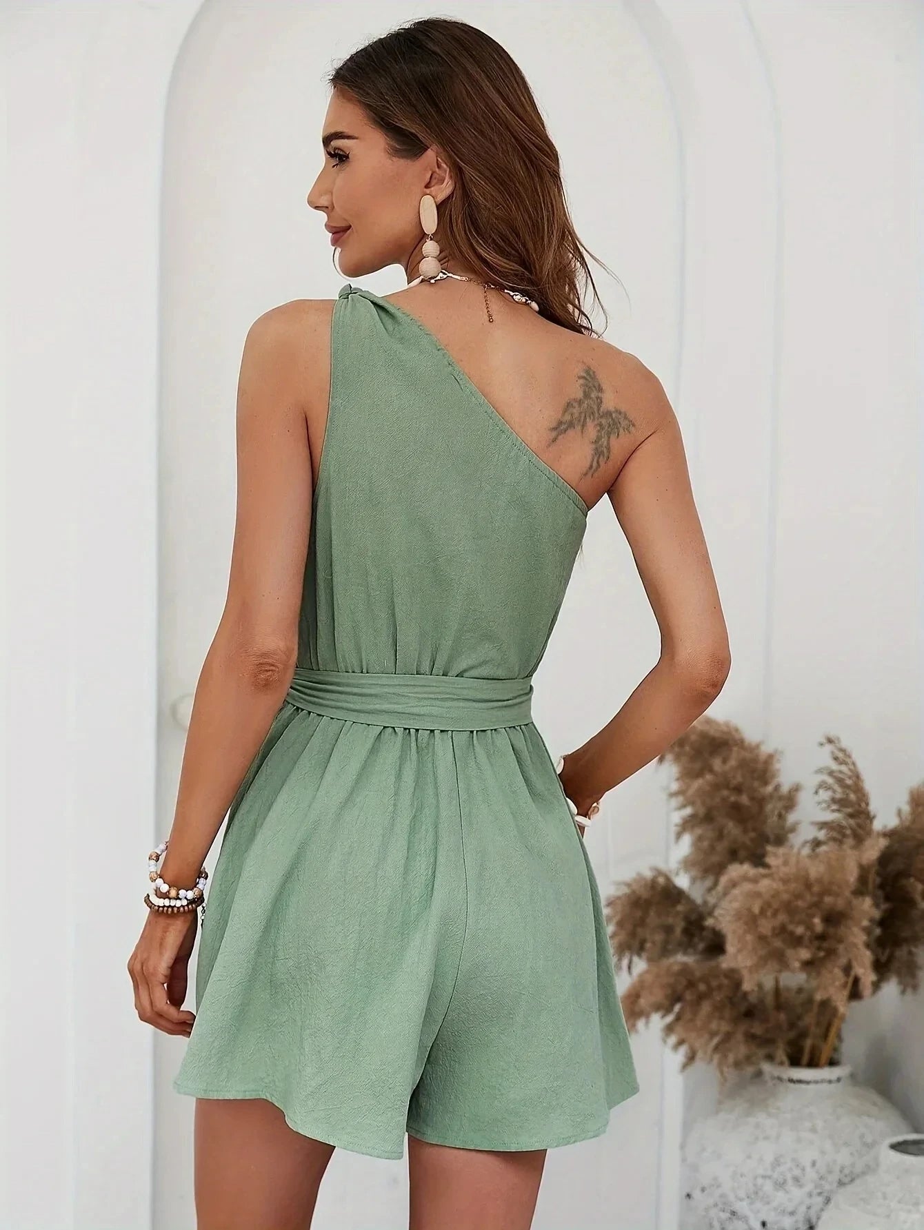 jumpsuit zomer effen one-shoulder tailleband shorts- Juul