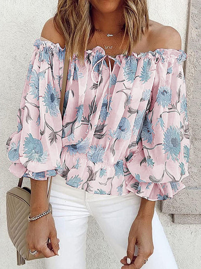 off-shoulder blouse bloemen geplooide mouwen wit getint - Juliana