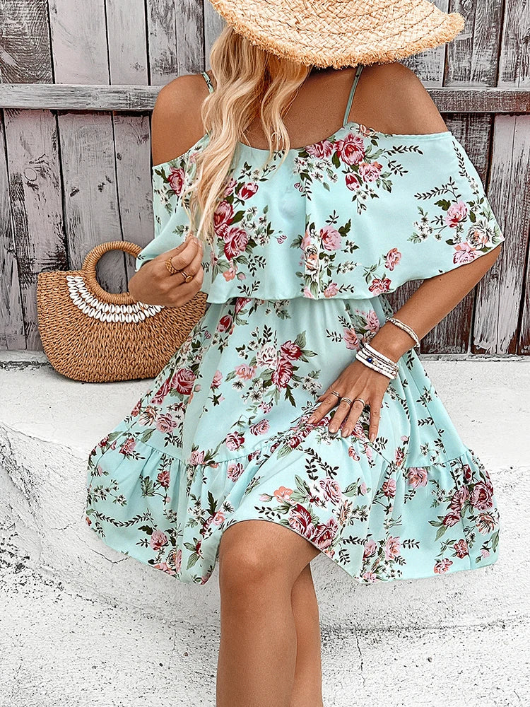 Zomer mini-jurk bloemen off- shoulder spaghettibandjes - Poppy