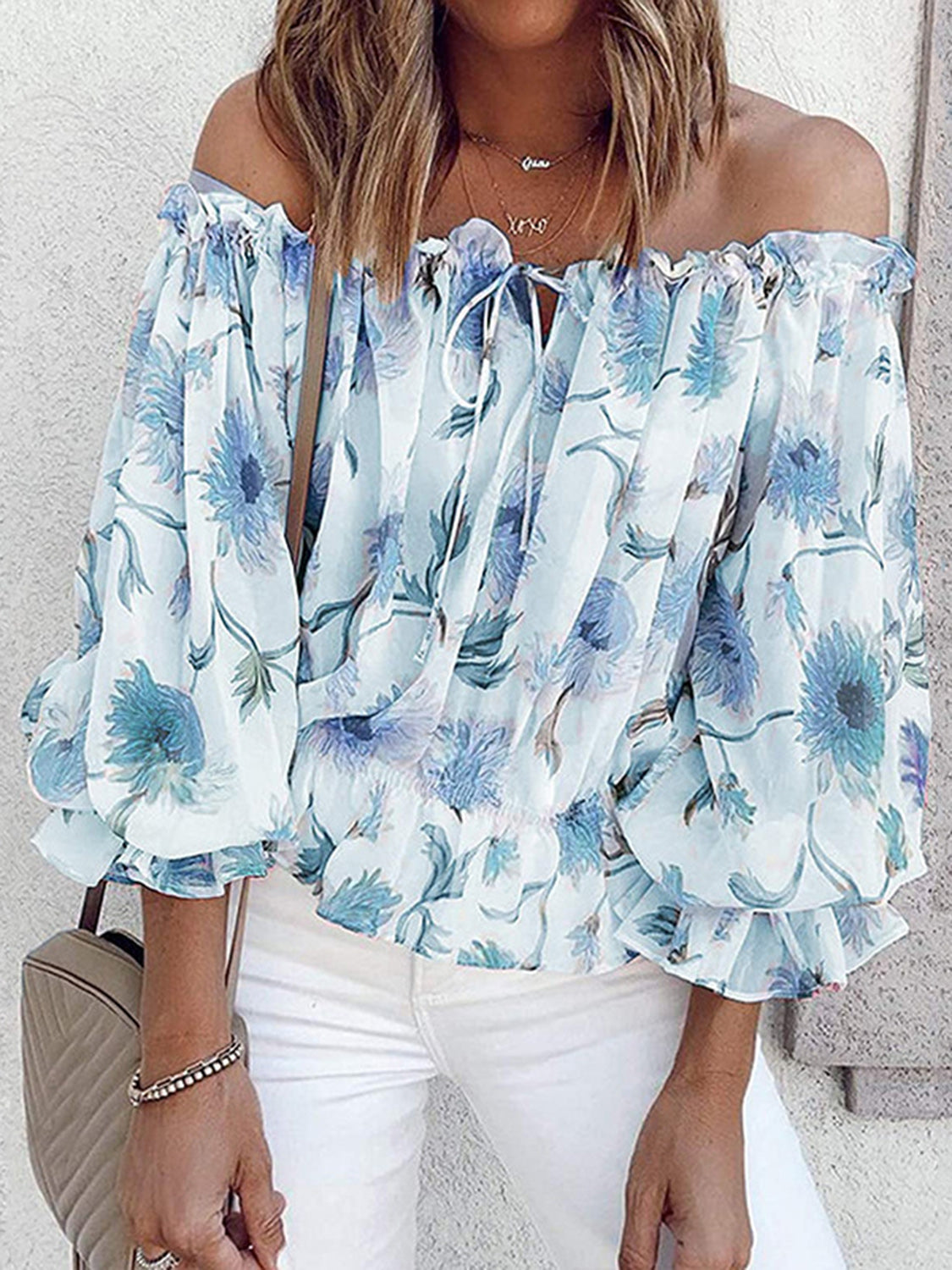 off-shoulder blouse bloemen geplooide mouwen wit getint - Juliana