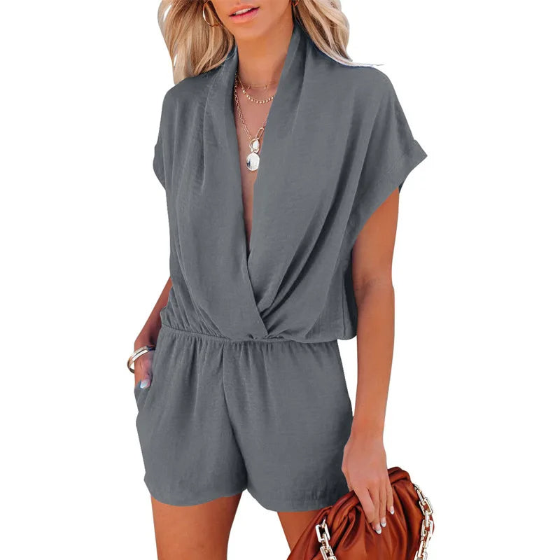 Casual korte broek losse v-hals jumpsuit effen kleur zomer - Isa