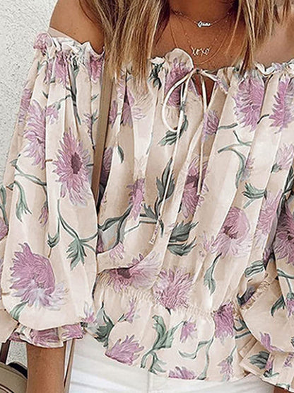 off-shoulder blouse bloemen geplooide mouwen wit getint - Juliana