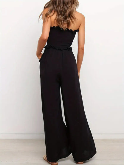 Chique off-shoulder jumpsuit wijde broek effen - Misuni