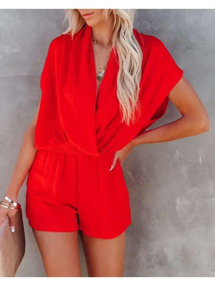 Casual korte broek losse v-hals jumpsuit effen kleur zomer - Isa