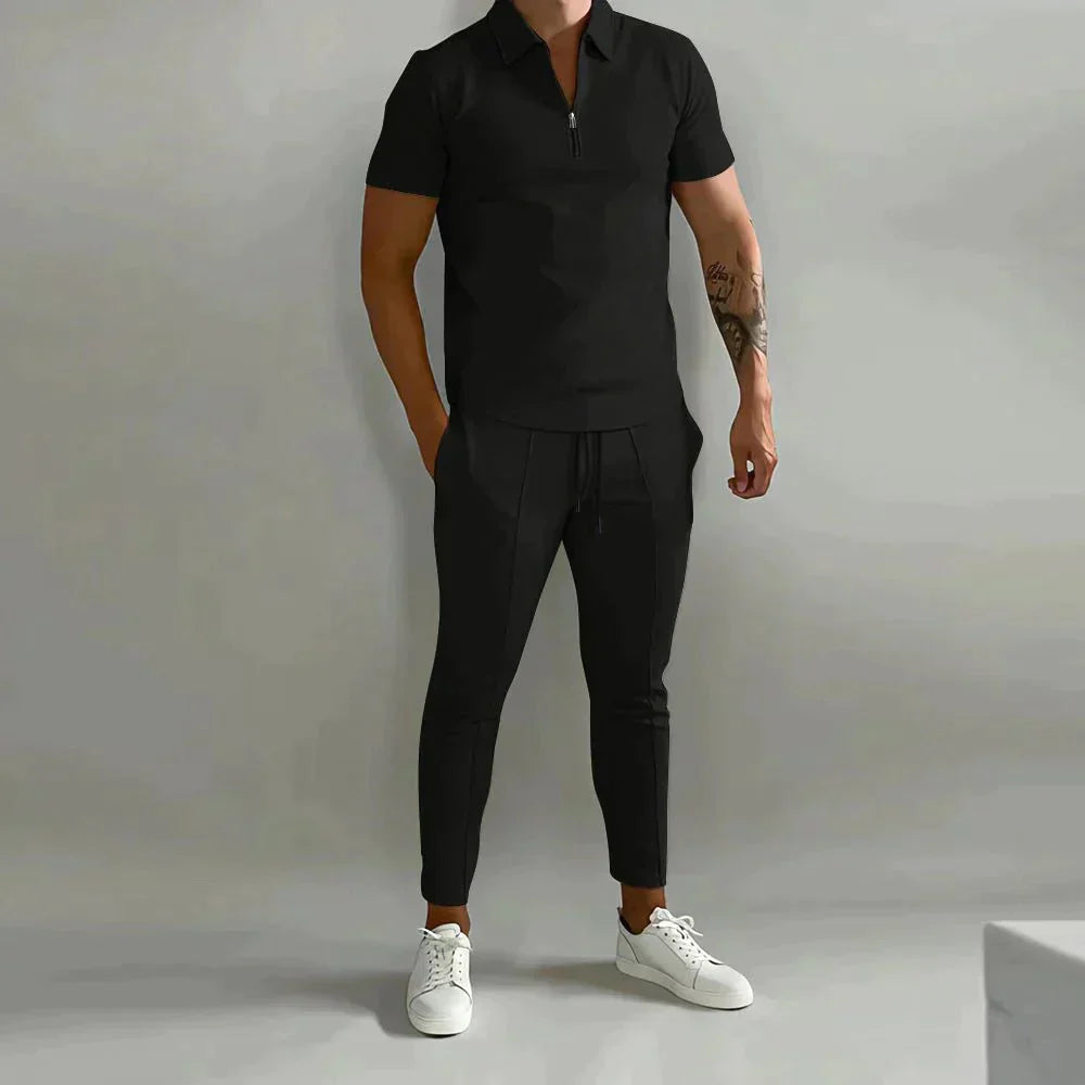 Set voor heren eenvoudig zip shirt met korte mouwen en lange broek - Jorn