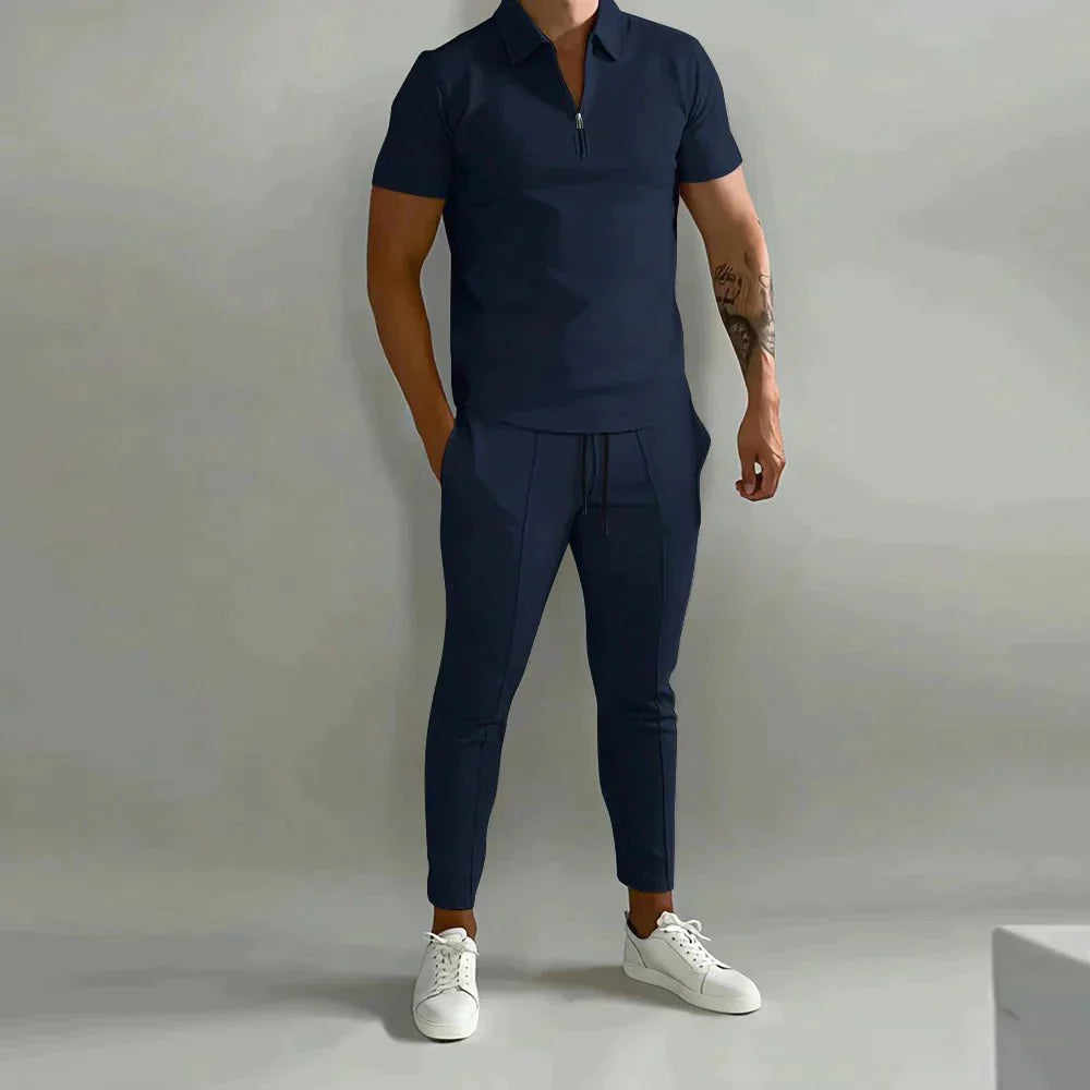 Set voor heren eenvoudig zip shirt met korte mouwen en lange broek - Jorn