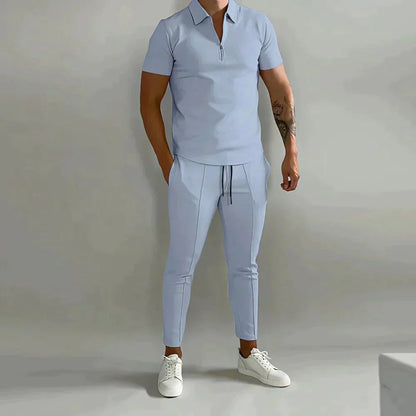 Set voor heren eenvoudig zip shirt met korte mouwen en lange broek - Jorn