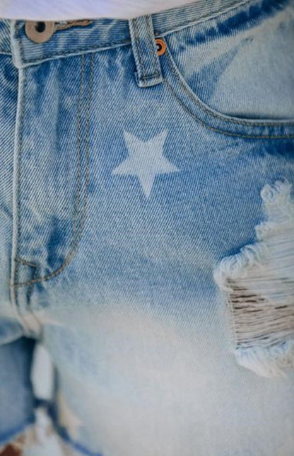 Denim Shorts Pentagramprint Gescheurd – Vanggie