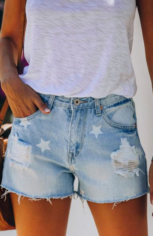 Denim Shorts Pentagramprint Gescheurd – Vanggie