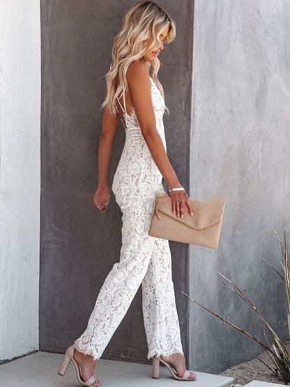 Elegante kanten backless spaghetti band boho jumpsuit - Celice