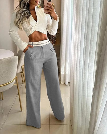 2-Delige stijlvolle losse high waist broek en blazer dames set - Samantha